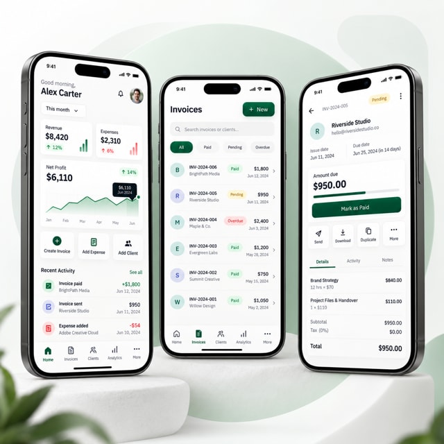 Mockup de app de facturación y administración en smartphones.