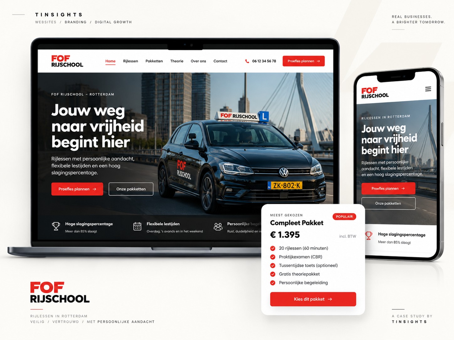 Website mockup van FOF Rijschool op laptop en mobiel met rijlesinformatie en pakketten.