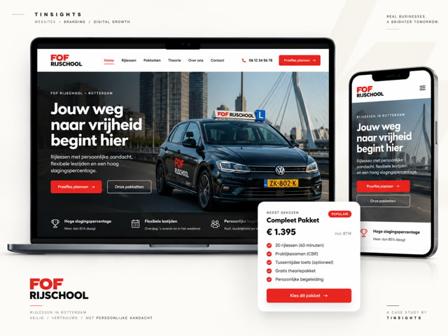 Website mockup van FOF Rijschool op laptop en mobiel met rijlesinformatie en pakketten.