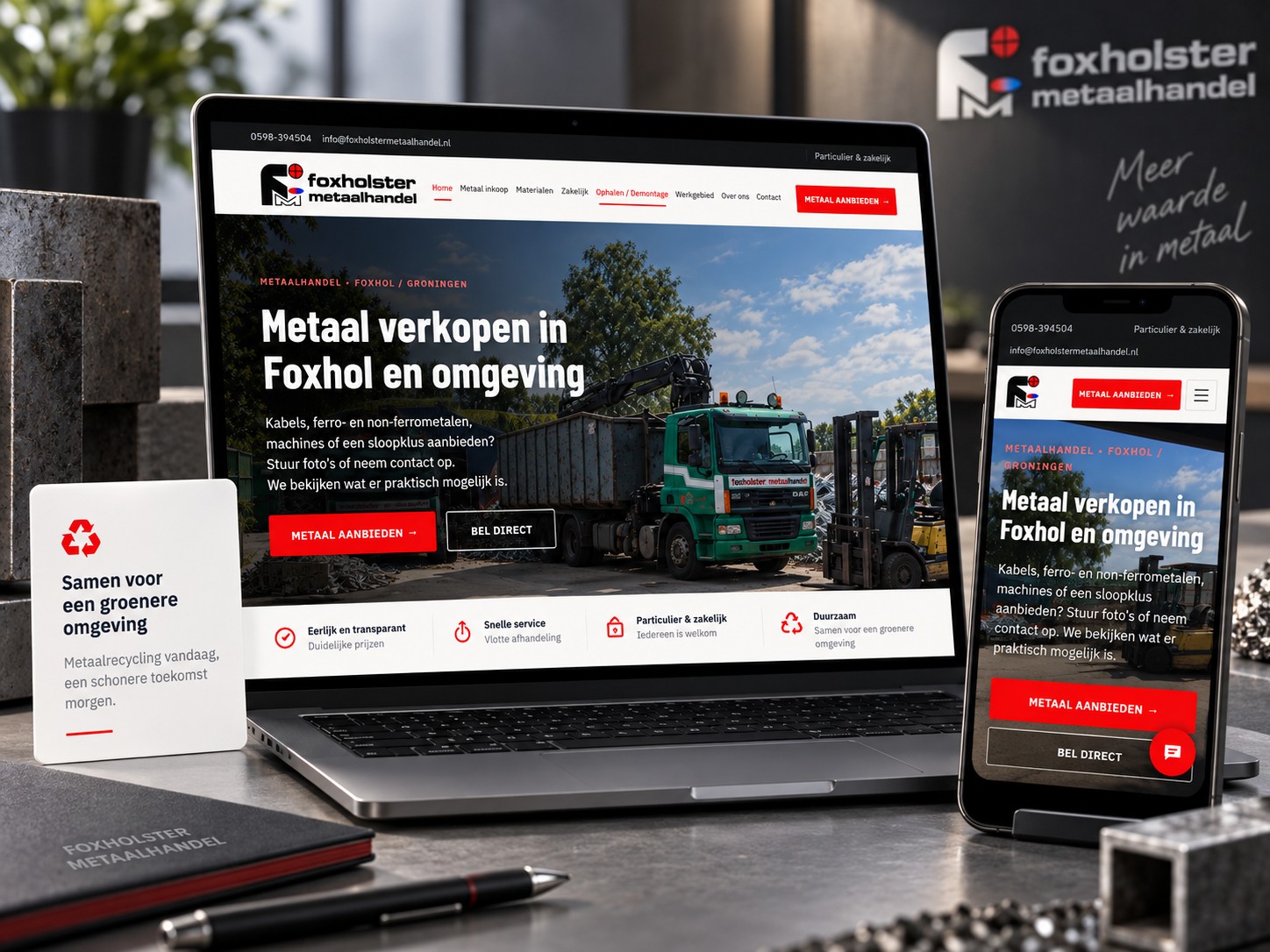 Website mockup van Foxholster Metaalhandel op laptop en mobiel voor metaalinkoop en demontage.