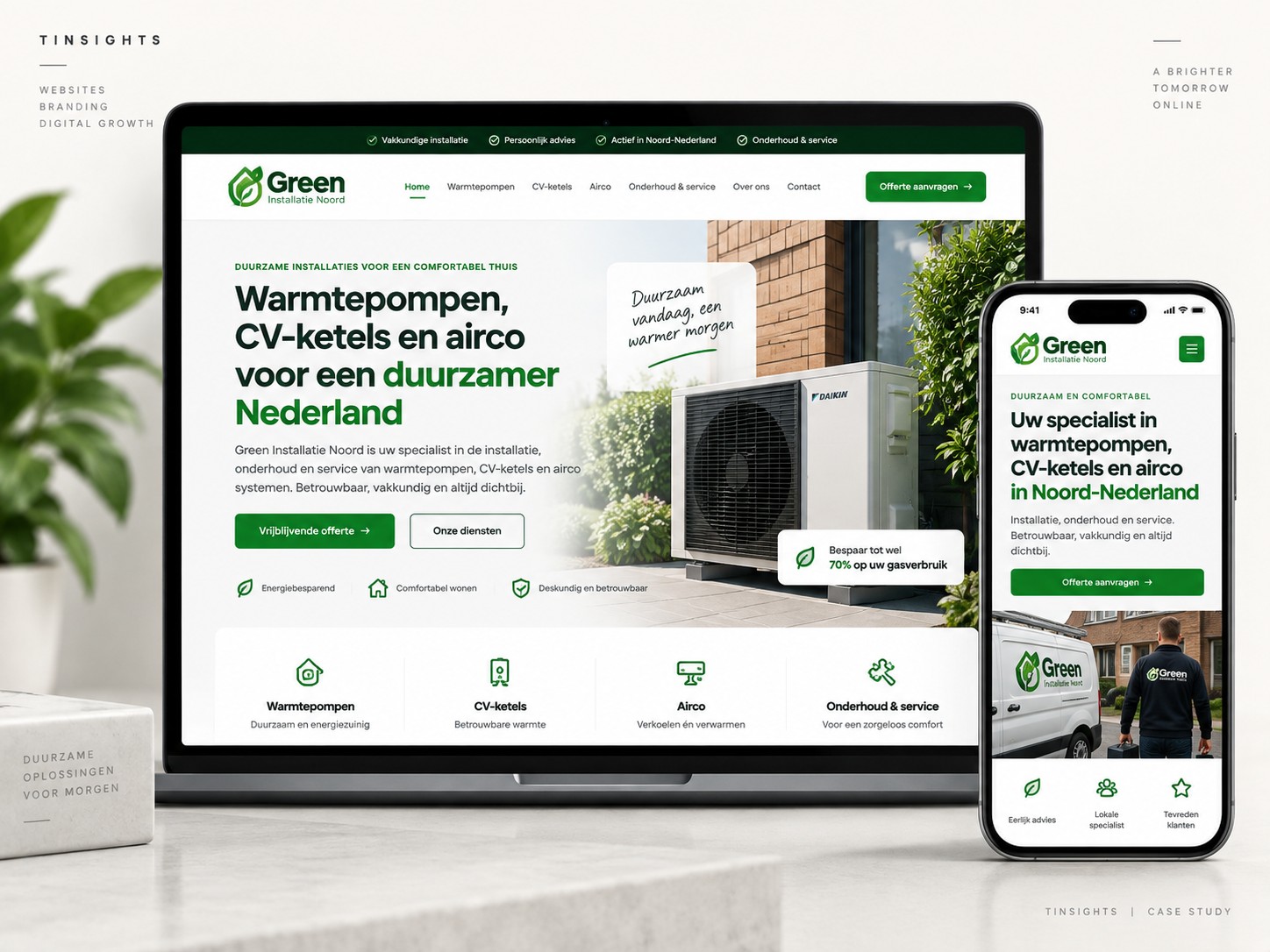 Website mockup van Green Installatie Noord op laptop en mobiel met warmtepompen, CV-ketels en airco.