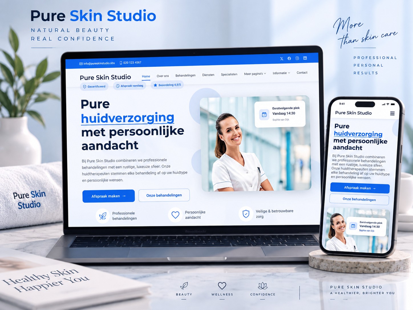 Website mockup van Pure Skin Studio op laptop en mobiel voor professionele huidverzorging.