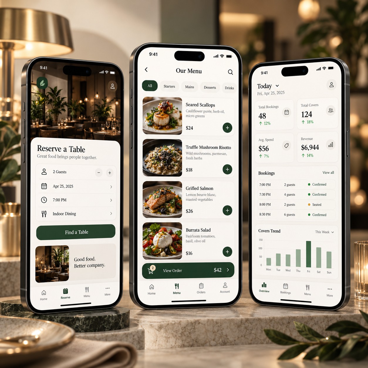 App-mockup van een restaurant reserverings- en managementapplicatie met reserveringen, menu en dagoverzicht.