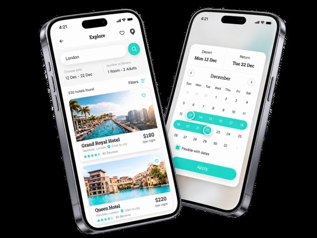 Flutter hotel-booking-appmockup op twee smartphones.