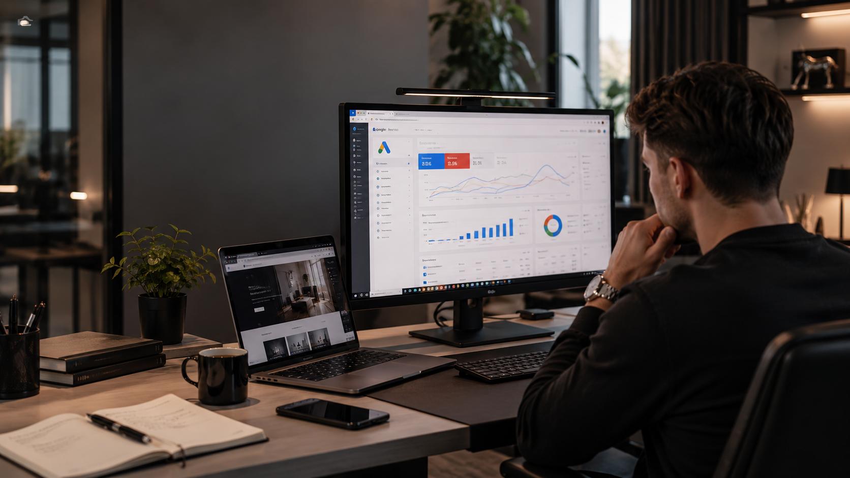 Werkplek met Google Ads, analytics en conversiemeting op meerdere schermen