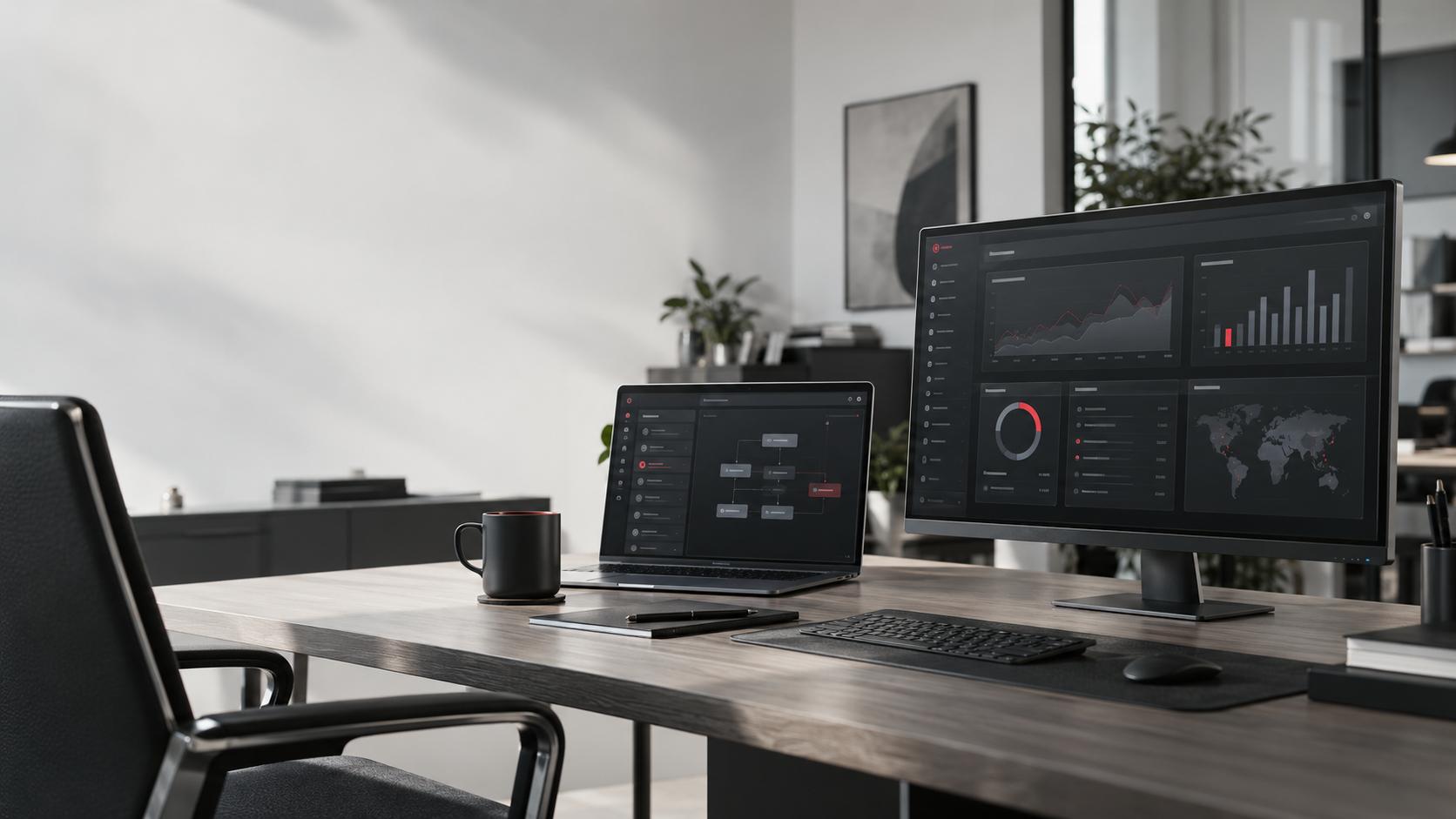 Werkplek met een maatwerk softwaredashboard op meerdere schermen