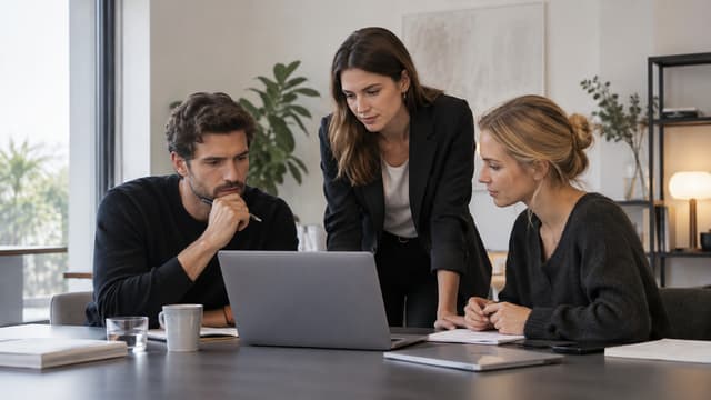 Team dat samenwerkt aan een digitaal project in een rustige werkruimte