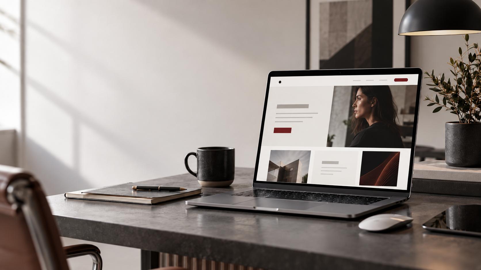 Professionele website-interface op een laptop in een rustige werkruimte