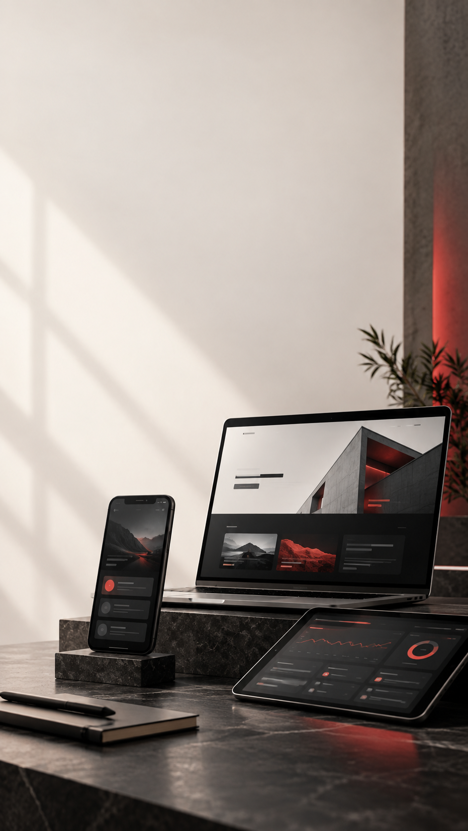 Website, app en analytics dashboard naast elkaar